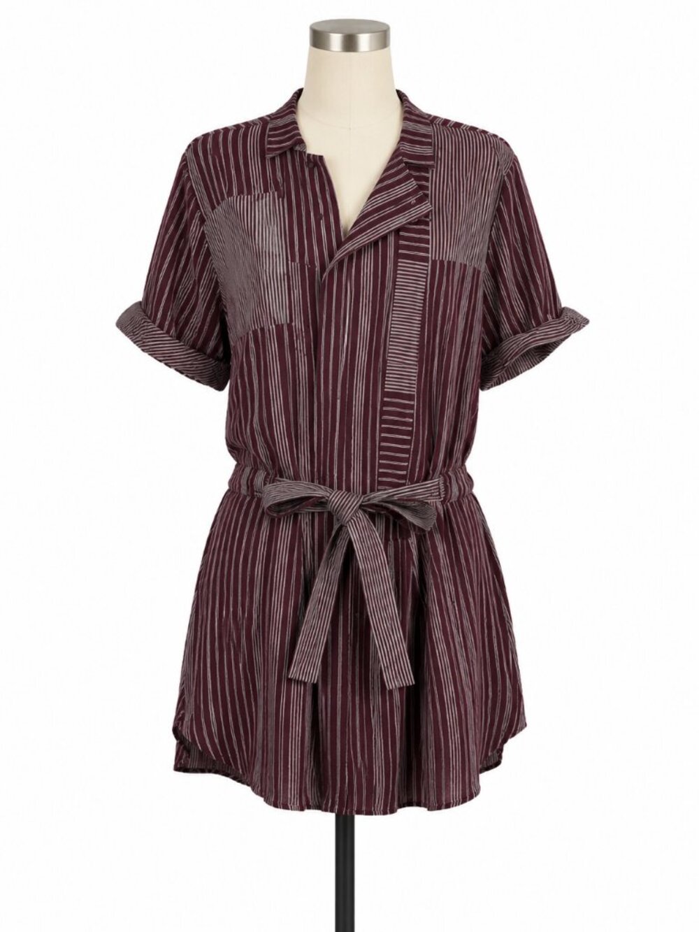 Reiss Albi Striped Tie Waist Shirt Dress Berry Ivory Size 4
